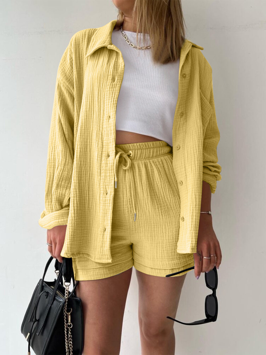 Texture Button Up Shirt and Drawstring Shorts Set - Viarous
