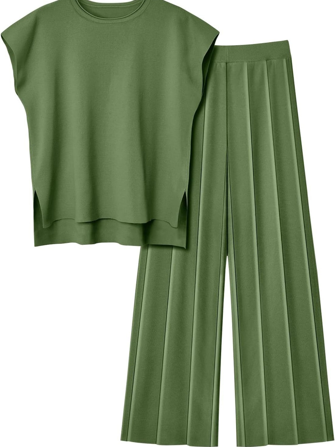Round Neck Cap Sleeve Top and Pants Knit Set - Viarous