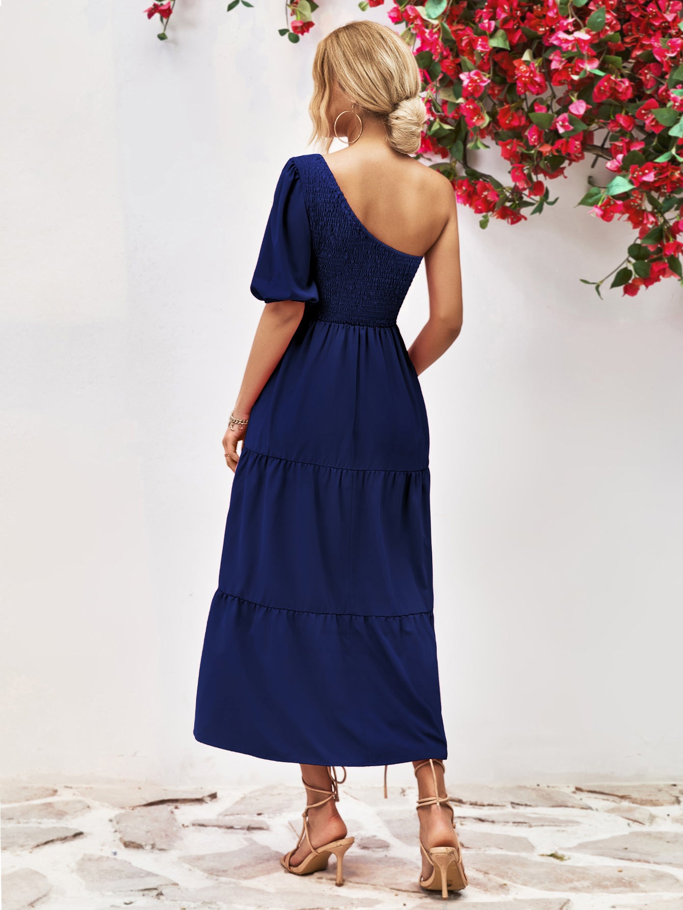Smocked One-Shoulder Midi Dress - Viarous