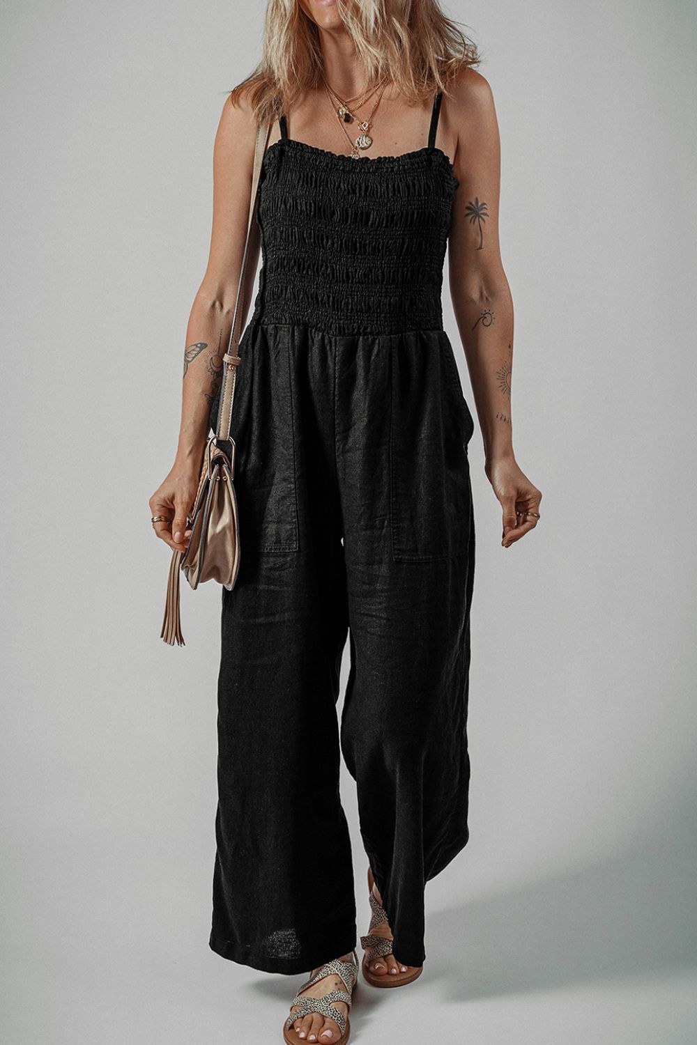 Smocked Spaghetti Straps Wide Leg Jumpsuit - Viarous
