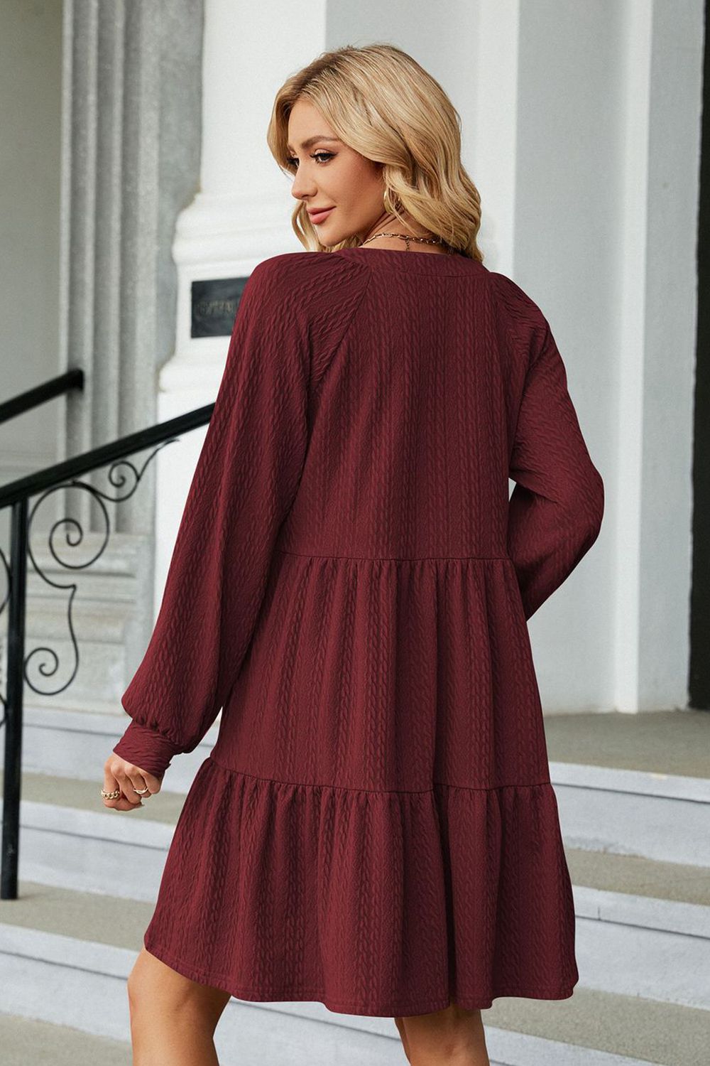 Notched Neck Long Sleeve Mini Dress - Viarous