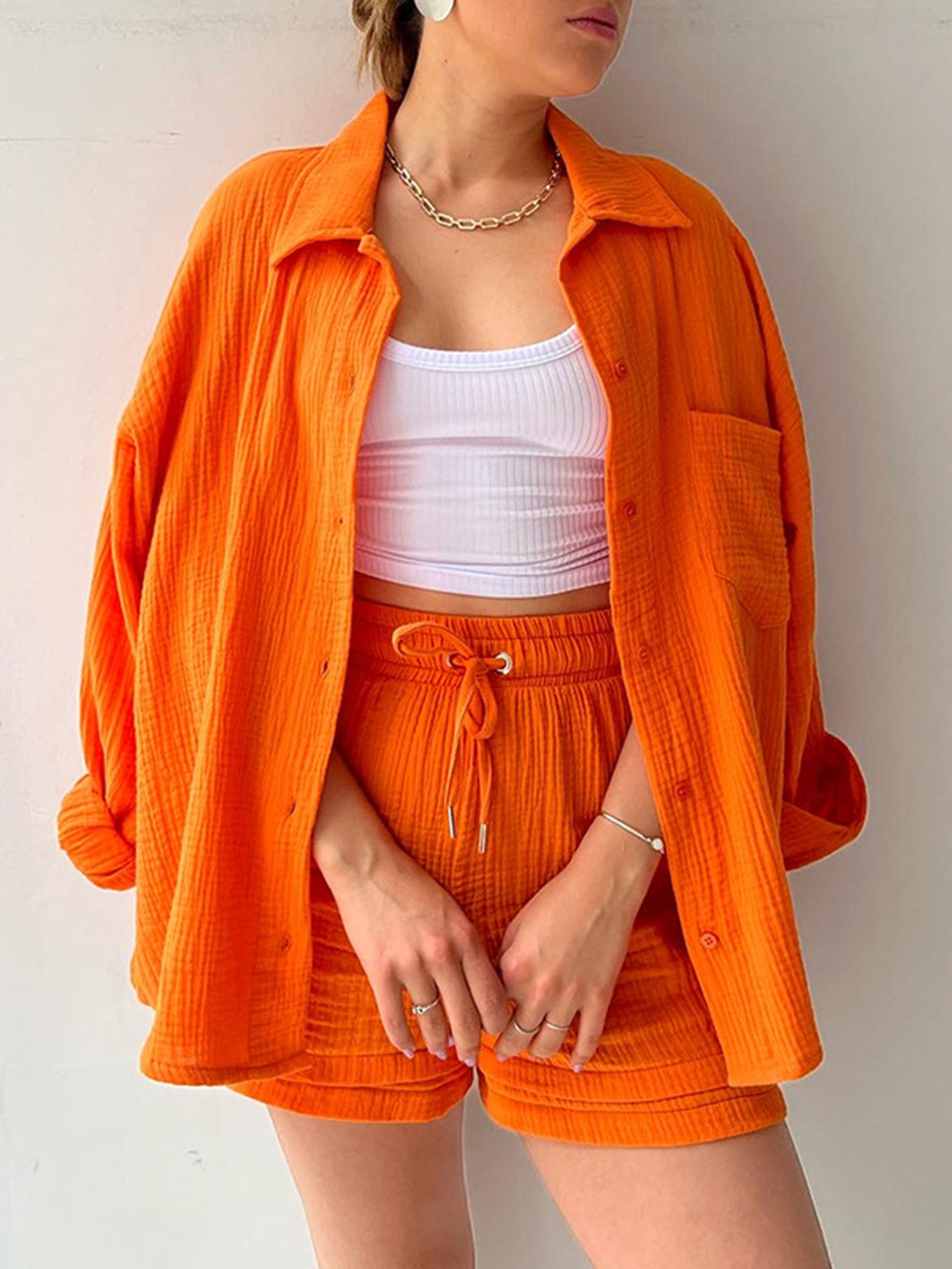 Texture Button Up Shirt and Drawstring Shorts Set - Viarous