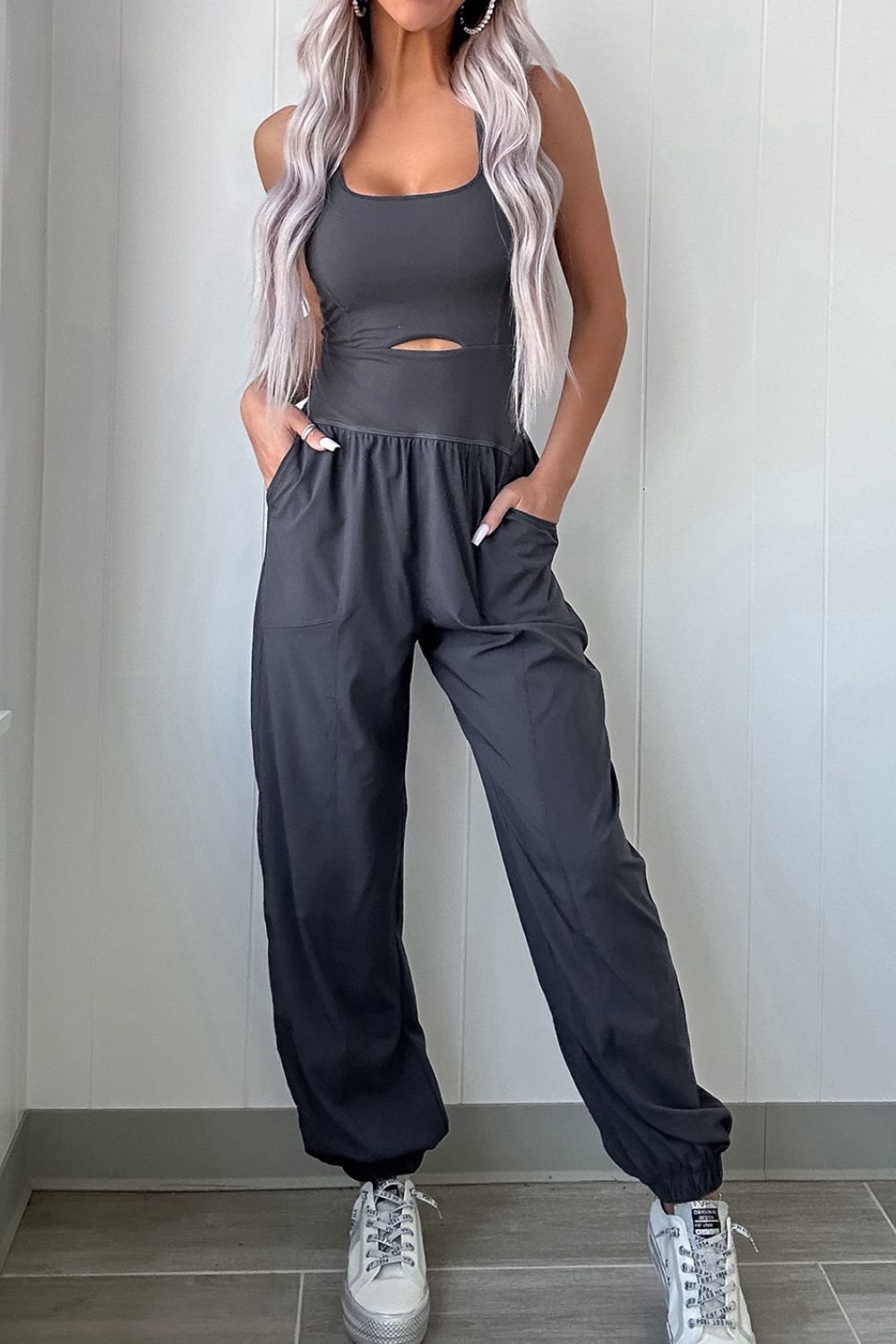 Cutout Square Neck Wide Strap Active Jumpsuit - Viarous