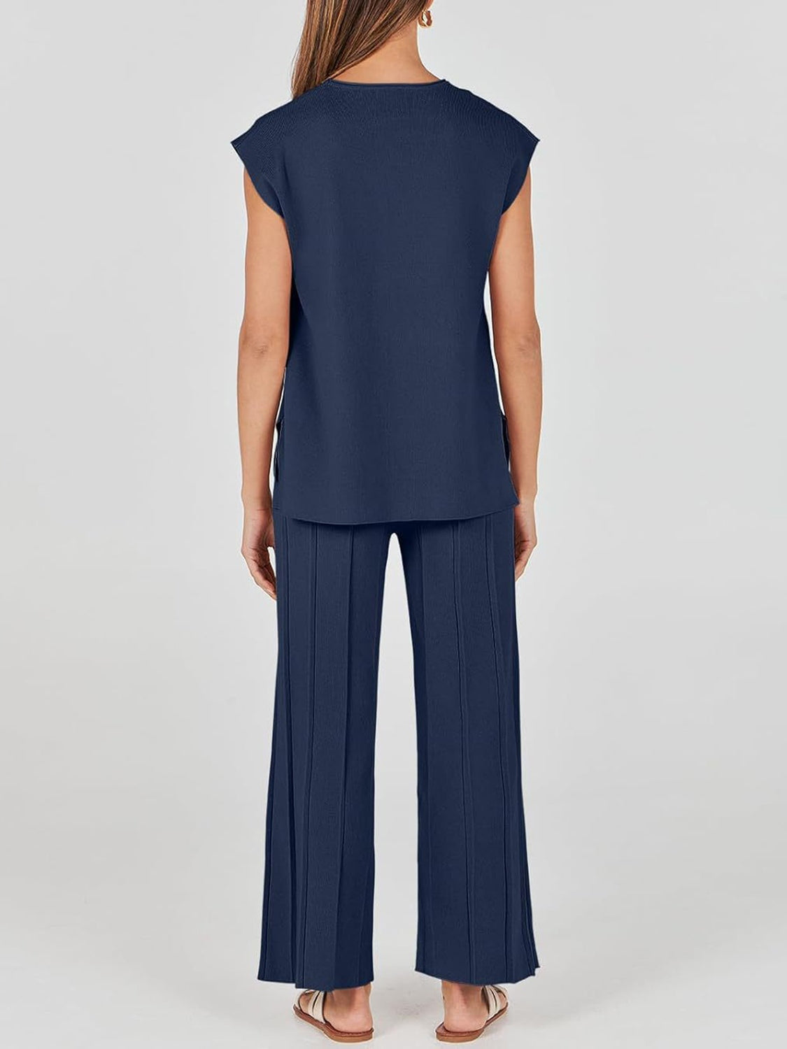 Round Neck Cap Sleeve Top and Pants Knit Set - Viarous