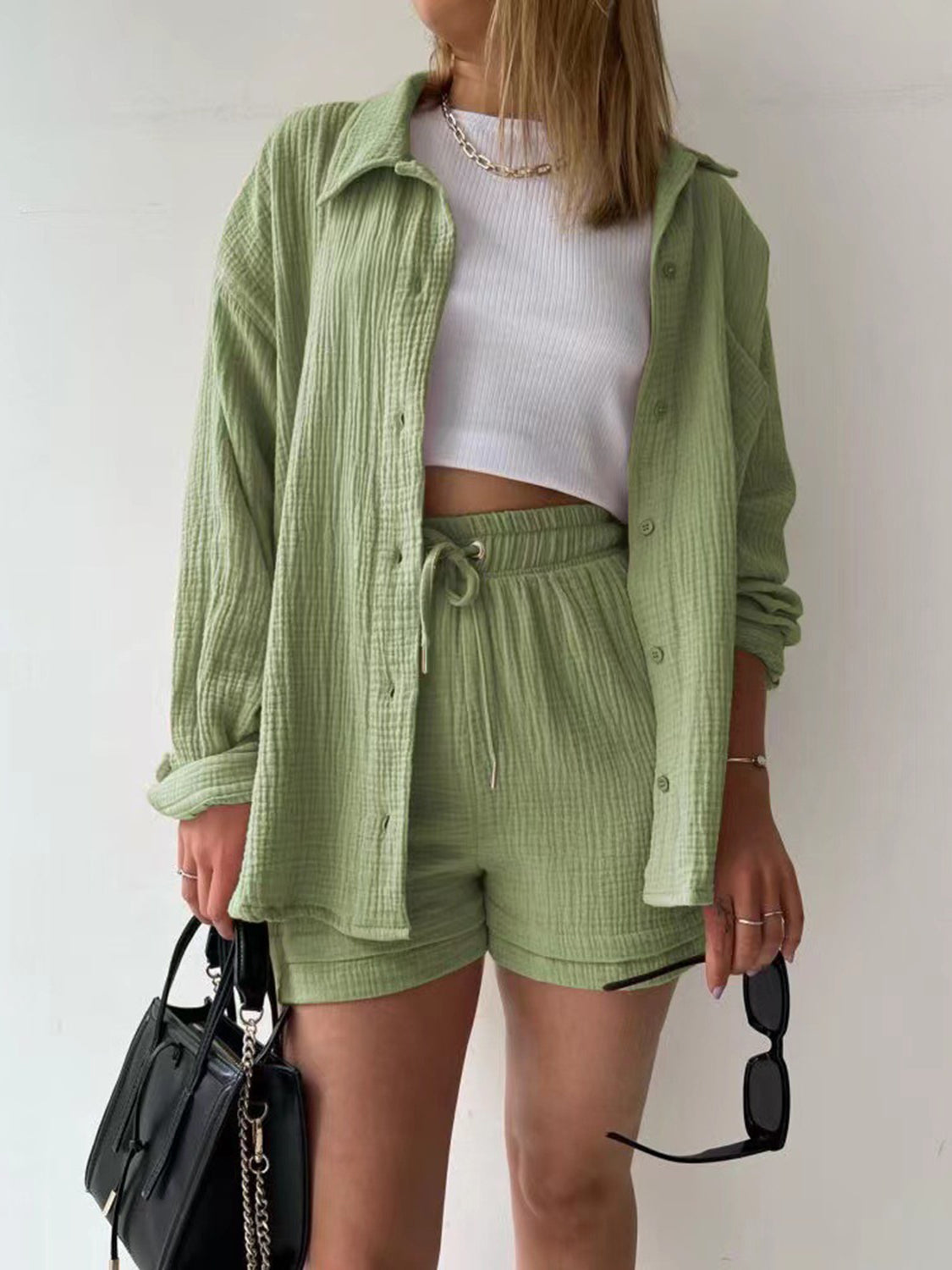 Texture Button Up Shirt and Drawstring Shorts Set - Viarous