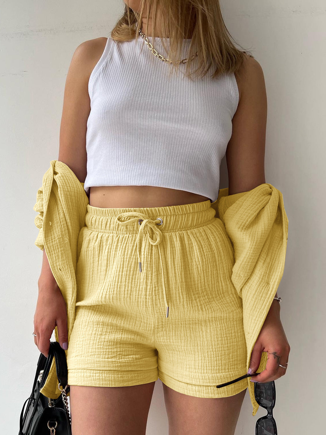 Texture Button Up Shirt and Drawstring Shorts Set - Viarous