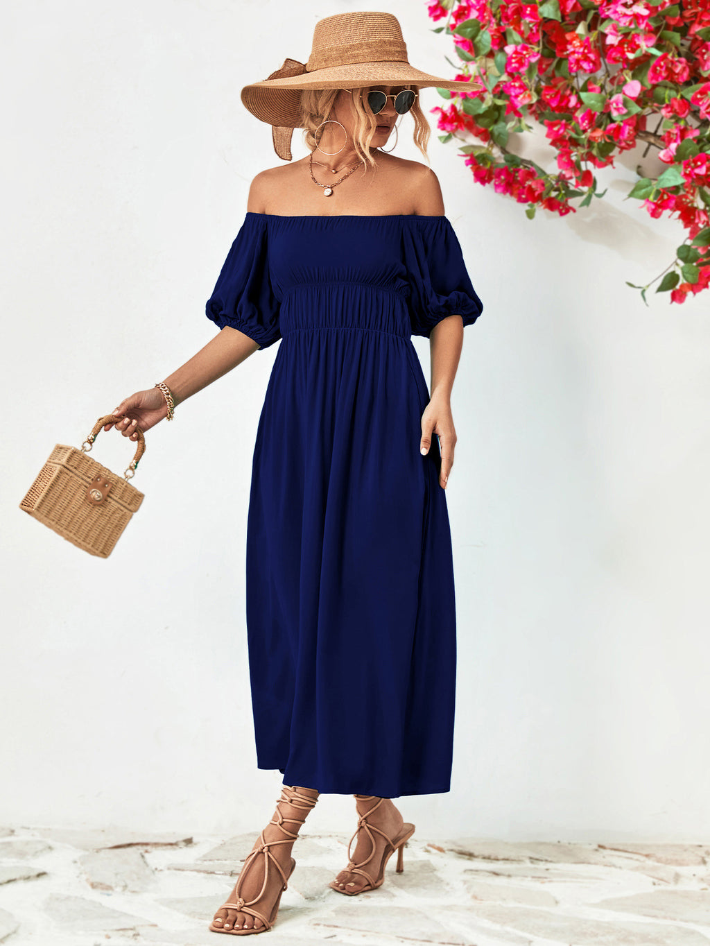 Off-Shoulder Balloon Sleeve Midi Dress - Viarous