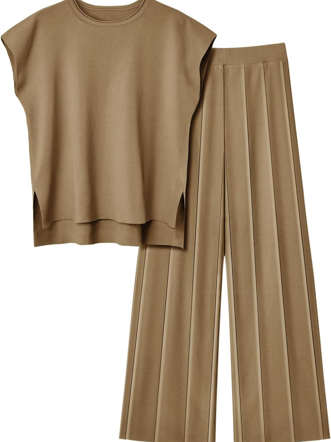 Round Neck Cap Sleeve Top and Pants Knit Set - Viarous