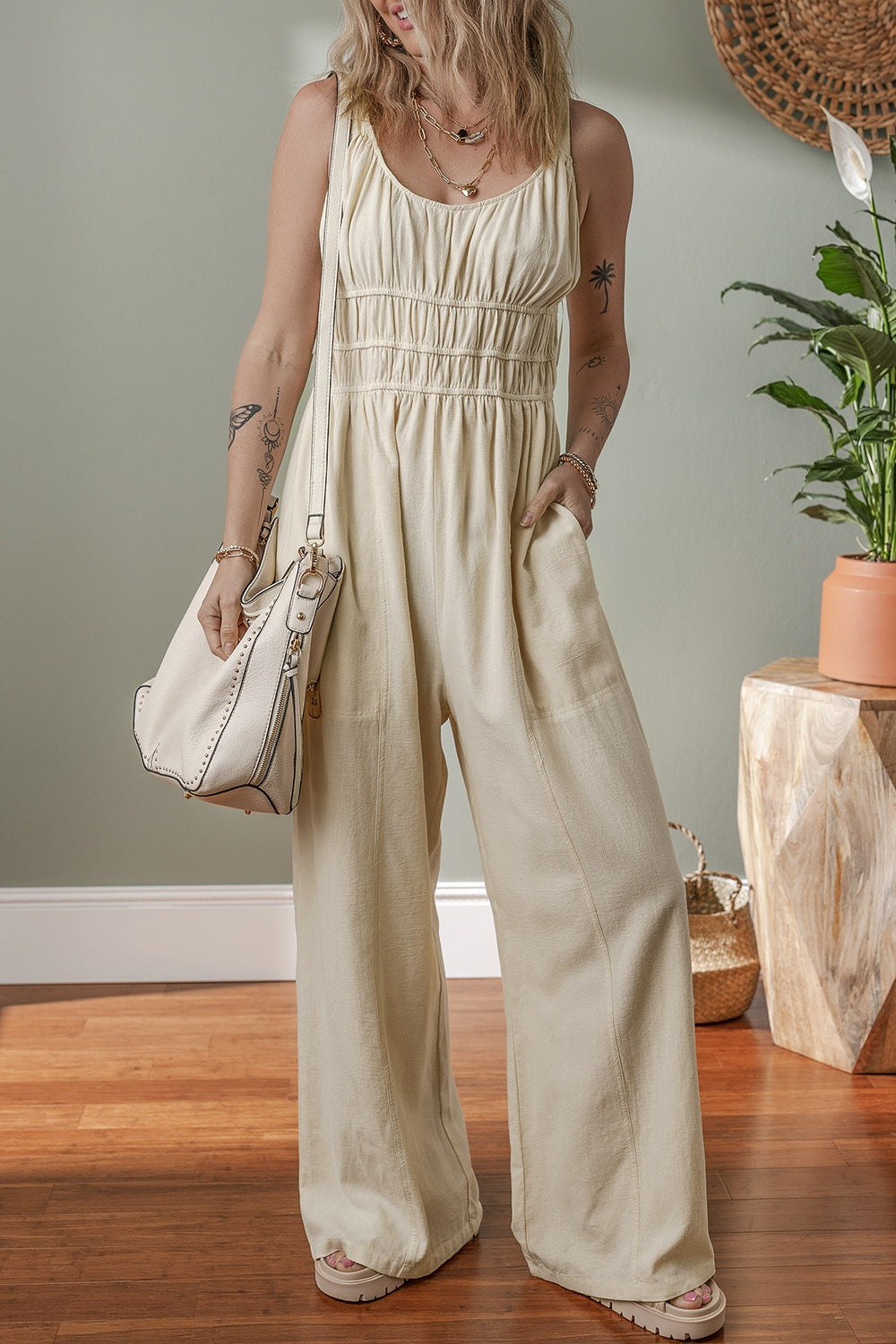 Ruched Sleeveless Wide Leg Jumpsuit - Viarous