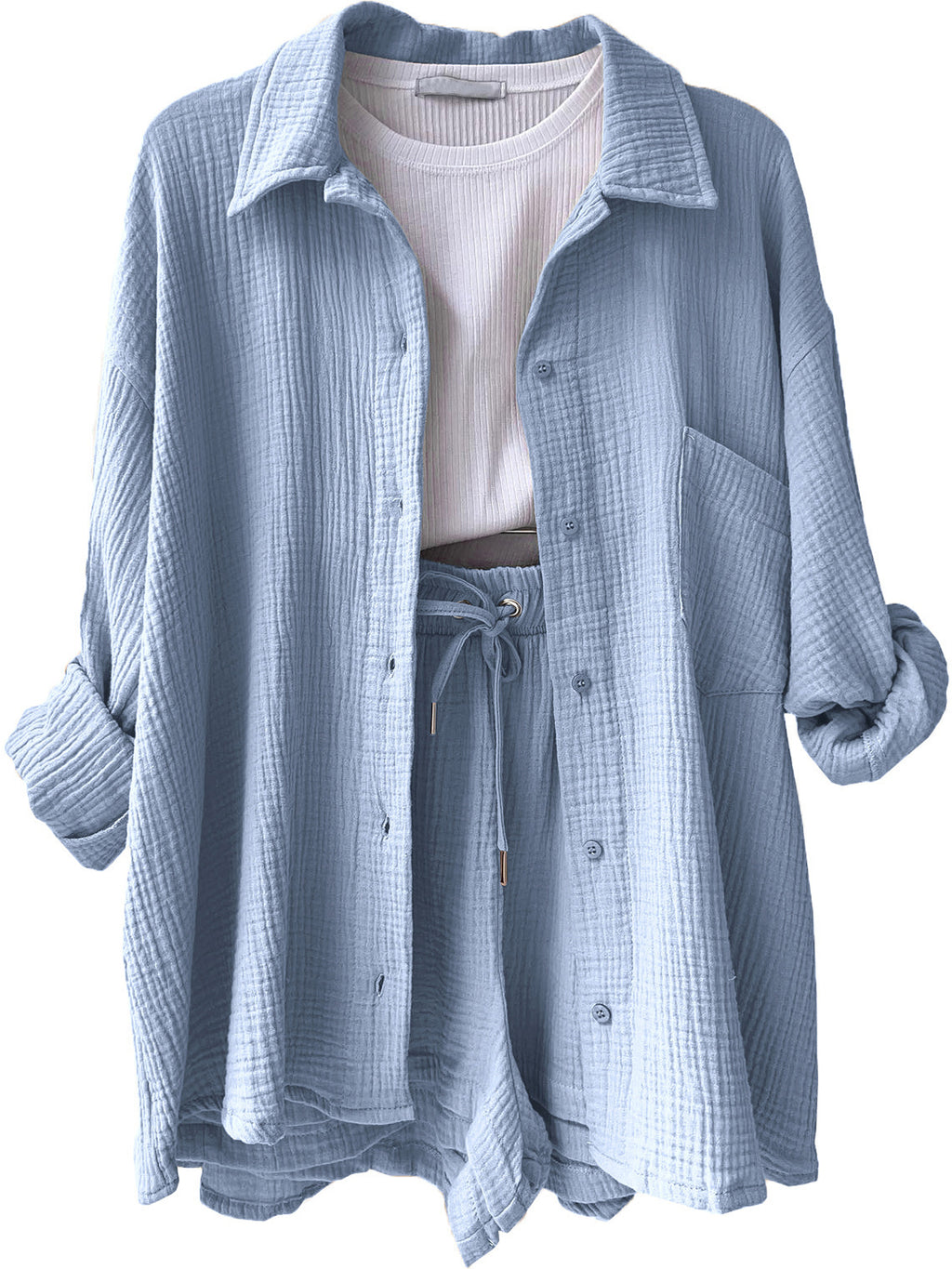 Texture Button Up Shirt and Drawstring Shorts Set - Viarous