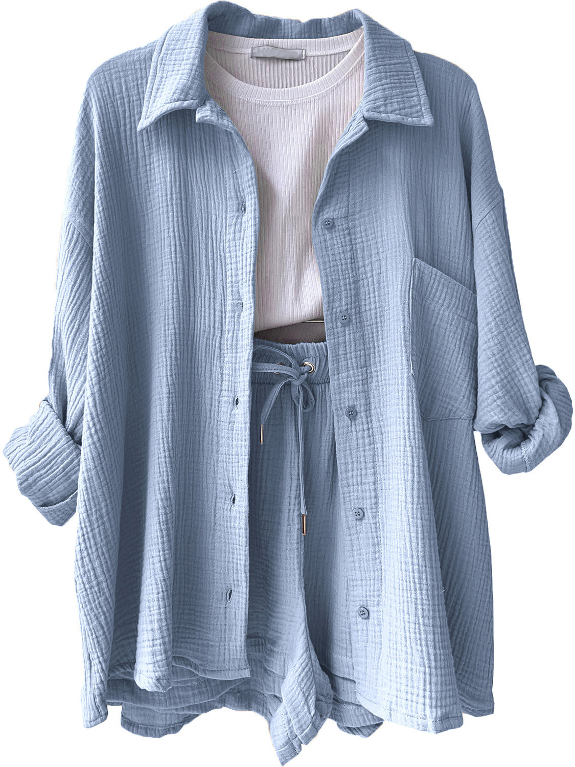 Texture Button Up Shirt and Drawstring Shorts Set - Viarous