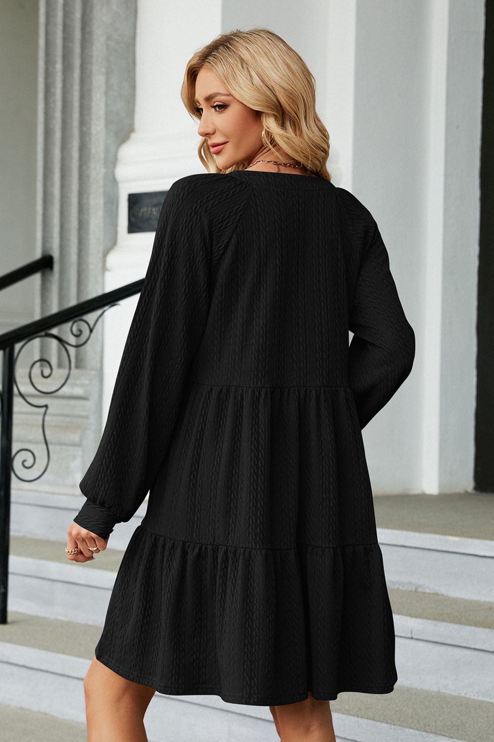 Notched Neck Long Sleeve Mini Dress - Viarous