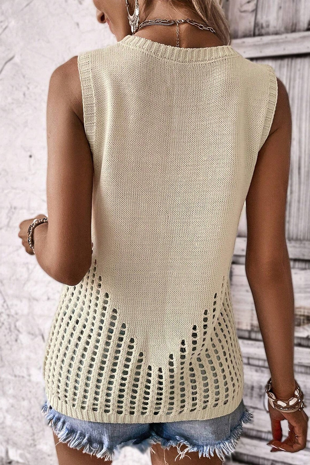 Openwork Round Neck Knit Vest - Viarous