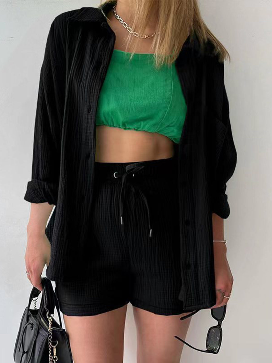 Texture Button Up Shirt and Drawstring Shorts Set - Viarous