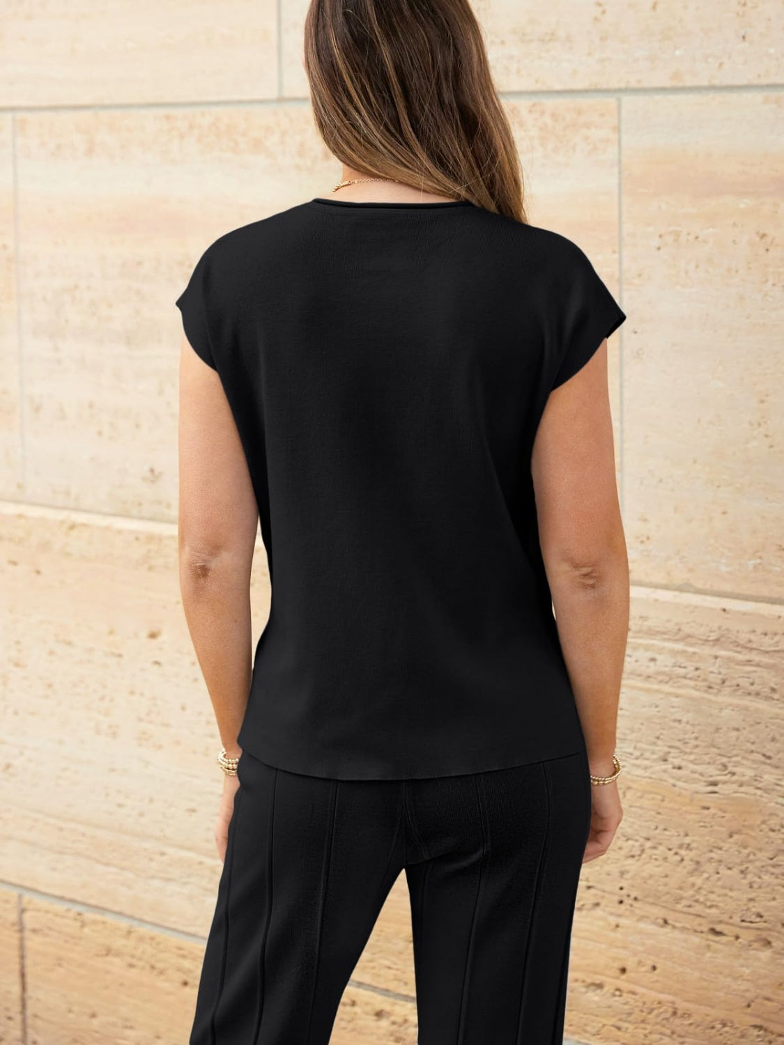 Round Neck Cap Sleeve Top and Pants Knit Set - Viarous