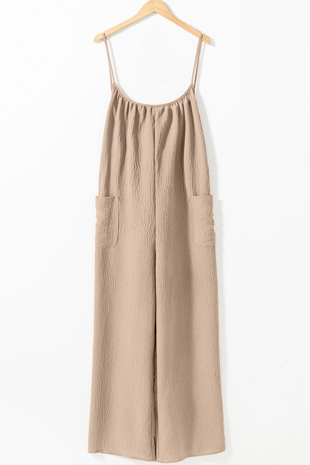 Spaghetti Strap Waist Tie Wide Leg Jumpsuit with Pockets - Viarous