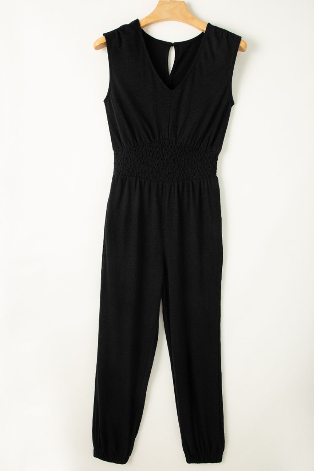 Smocked Sleeveless V Neck Jumpsuit - Viarous