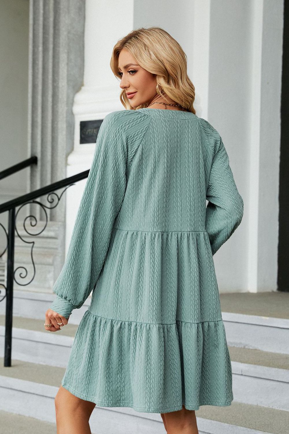 Notched Neck Long Sleeve Mini Dress - Viarous