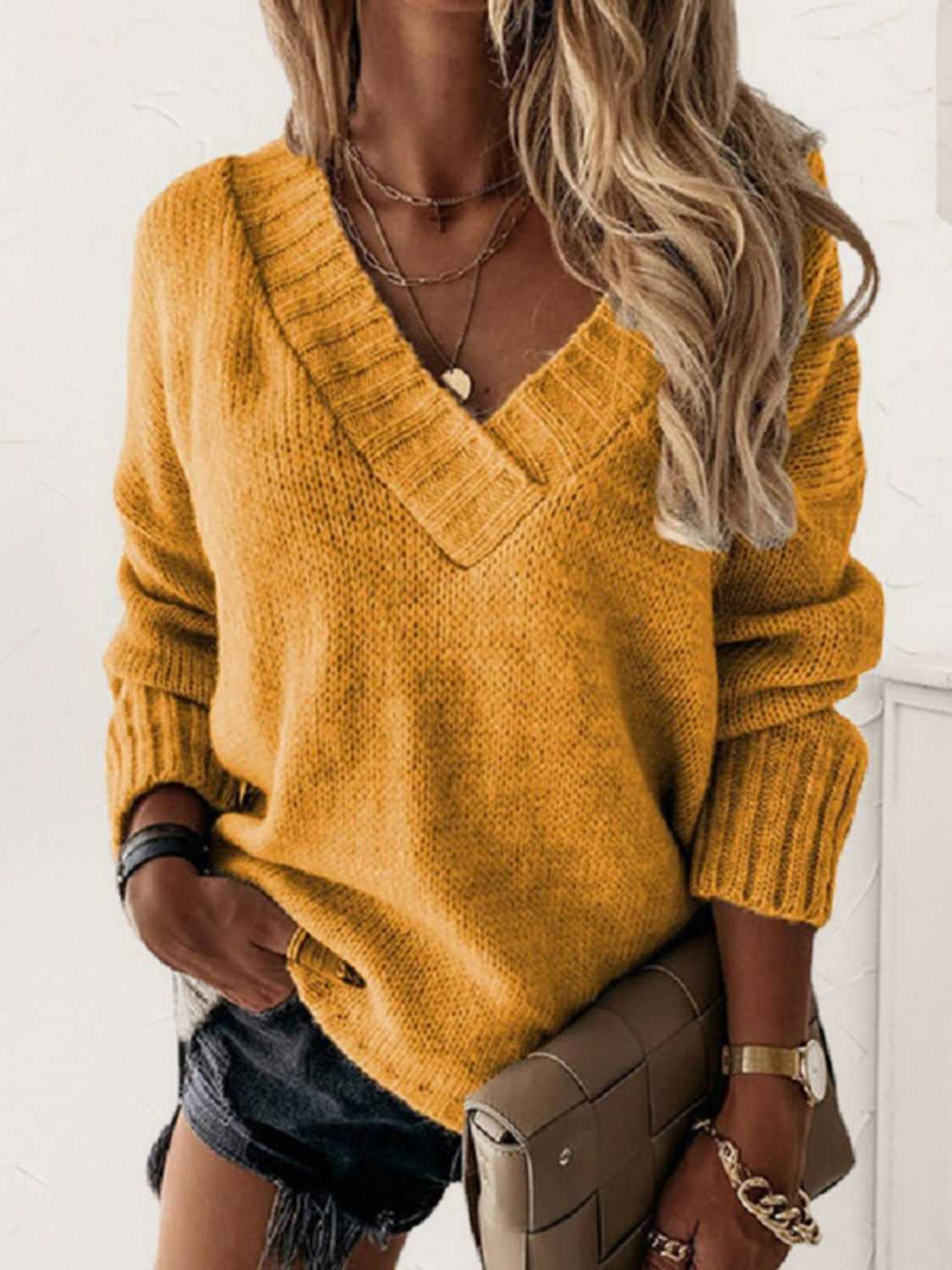 V-Neck Long Sleeve Knit Top - Viarous