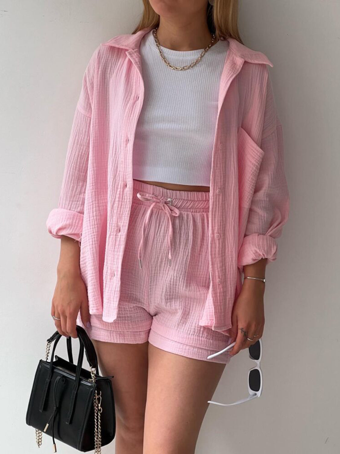 Texture Button Up Shirt and Drawstring Shorts Set - Viarous