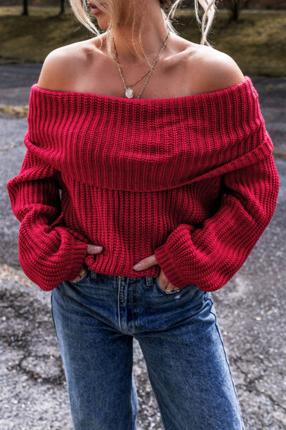 Off-Shoulder Long Sleeve Sweater - Viarous