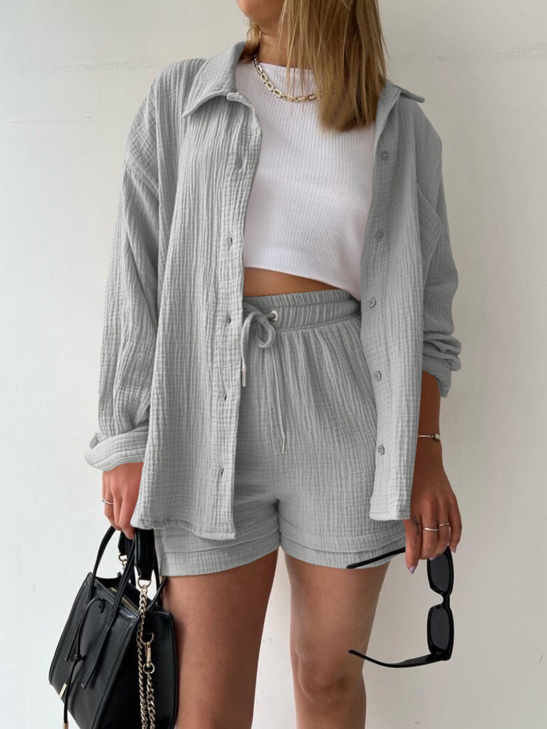 Texture Button Up Shirt and Drawstring Shorts Set - Viarous