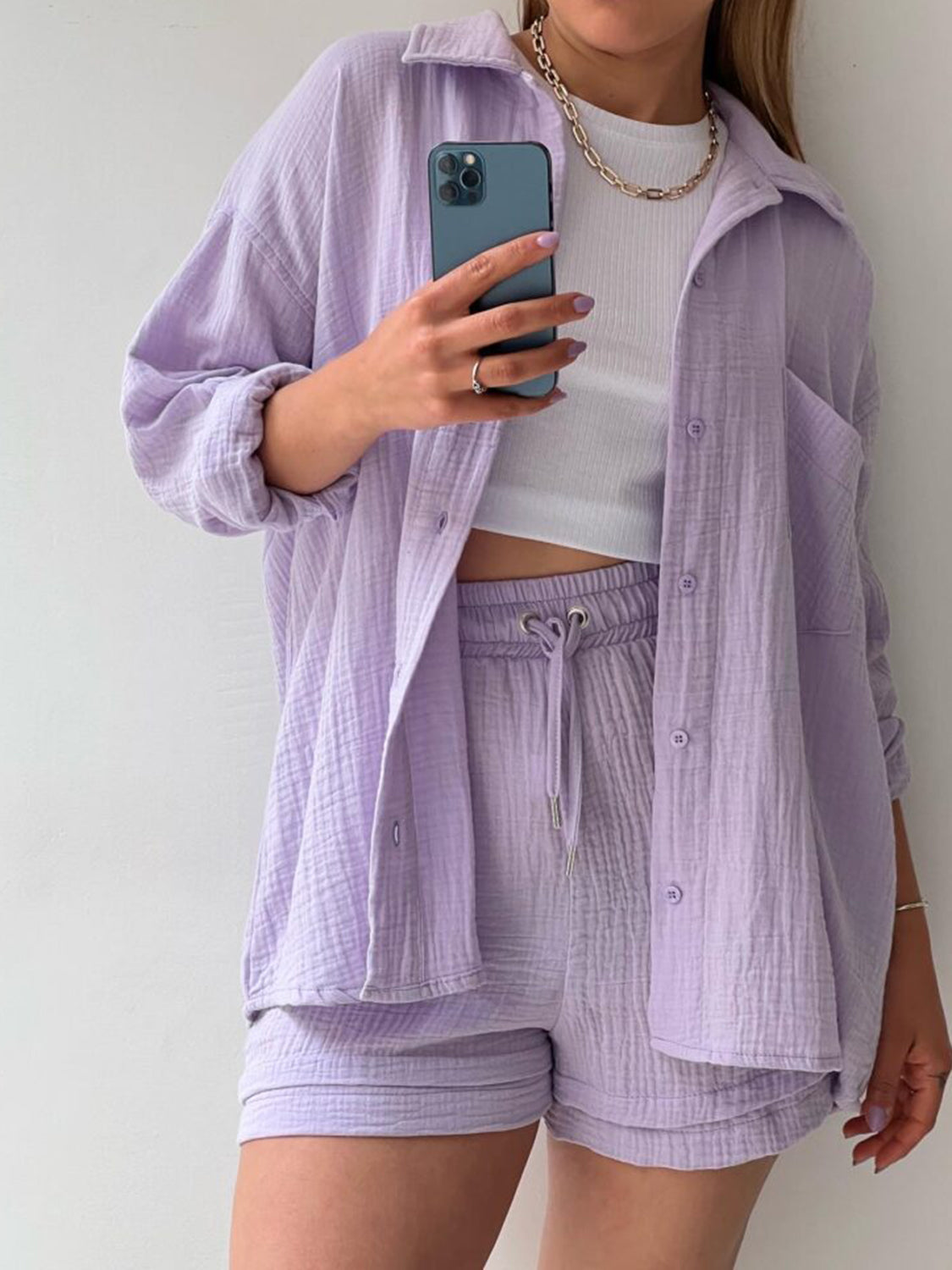 Texture Button Up Shirt and Drawstring Shorts Set - Viarous