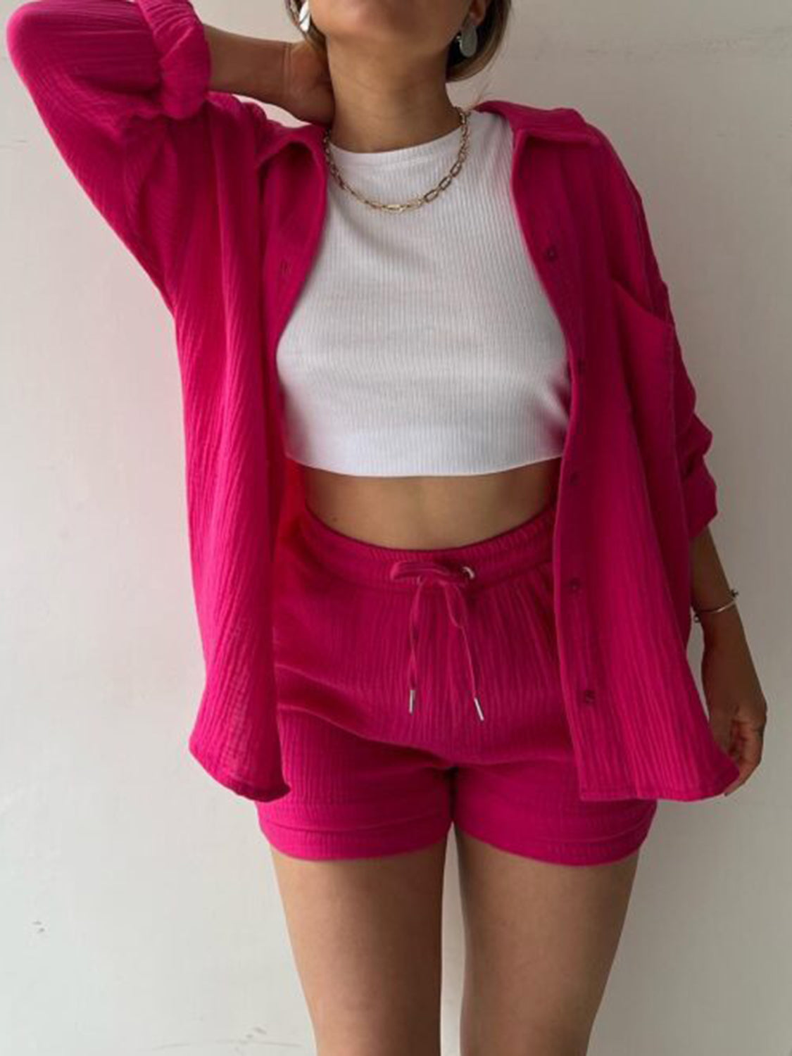 Texture Button Up Shirt and Drawstring Shorts Set - Viarous