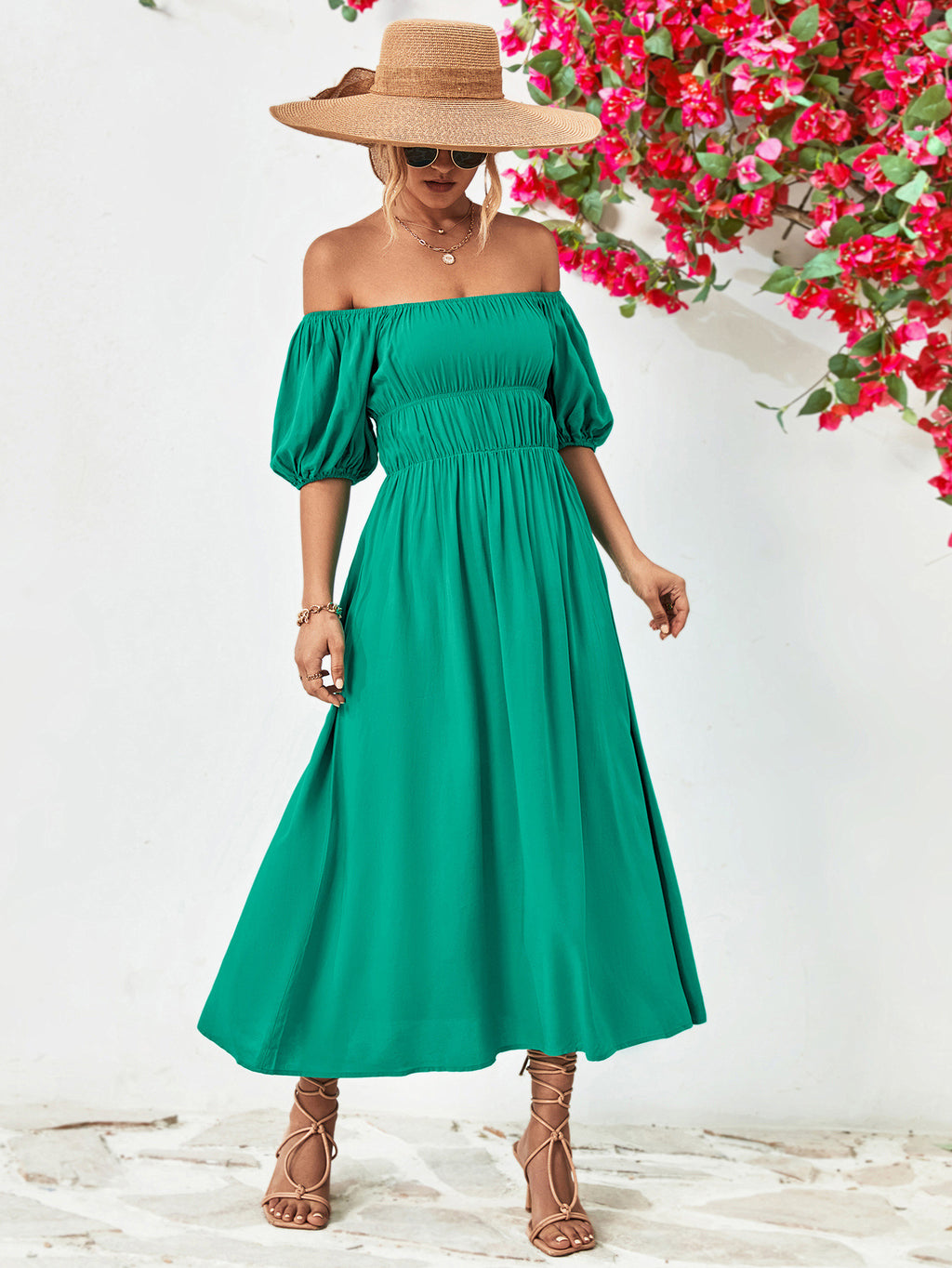 Off-Shoulder Balloon Sleeve Midi Dress - Viarous