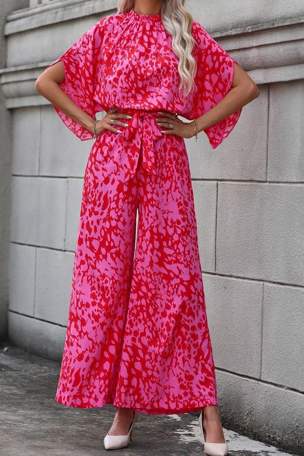 Leopard Belted Wide Leg Jumpsuit - Viarous