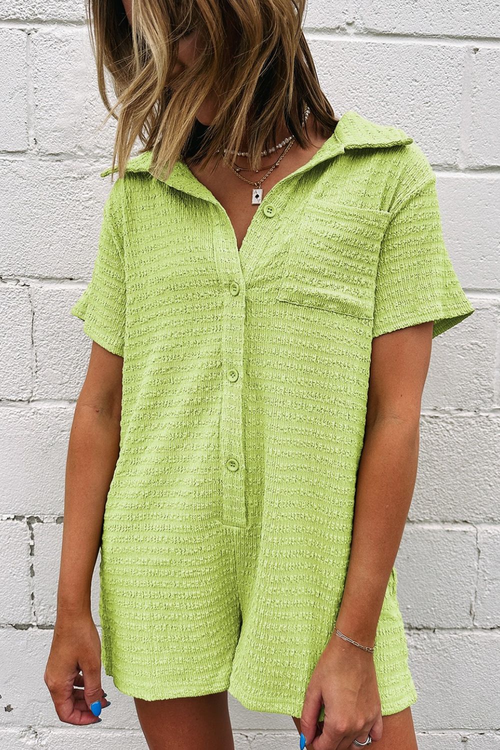 Textured Short Sleeve Patched Pocket Buttoned Romper - Viarous