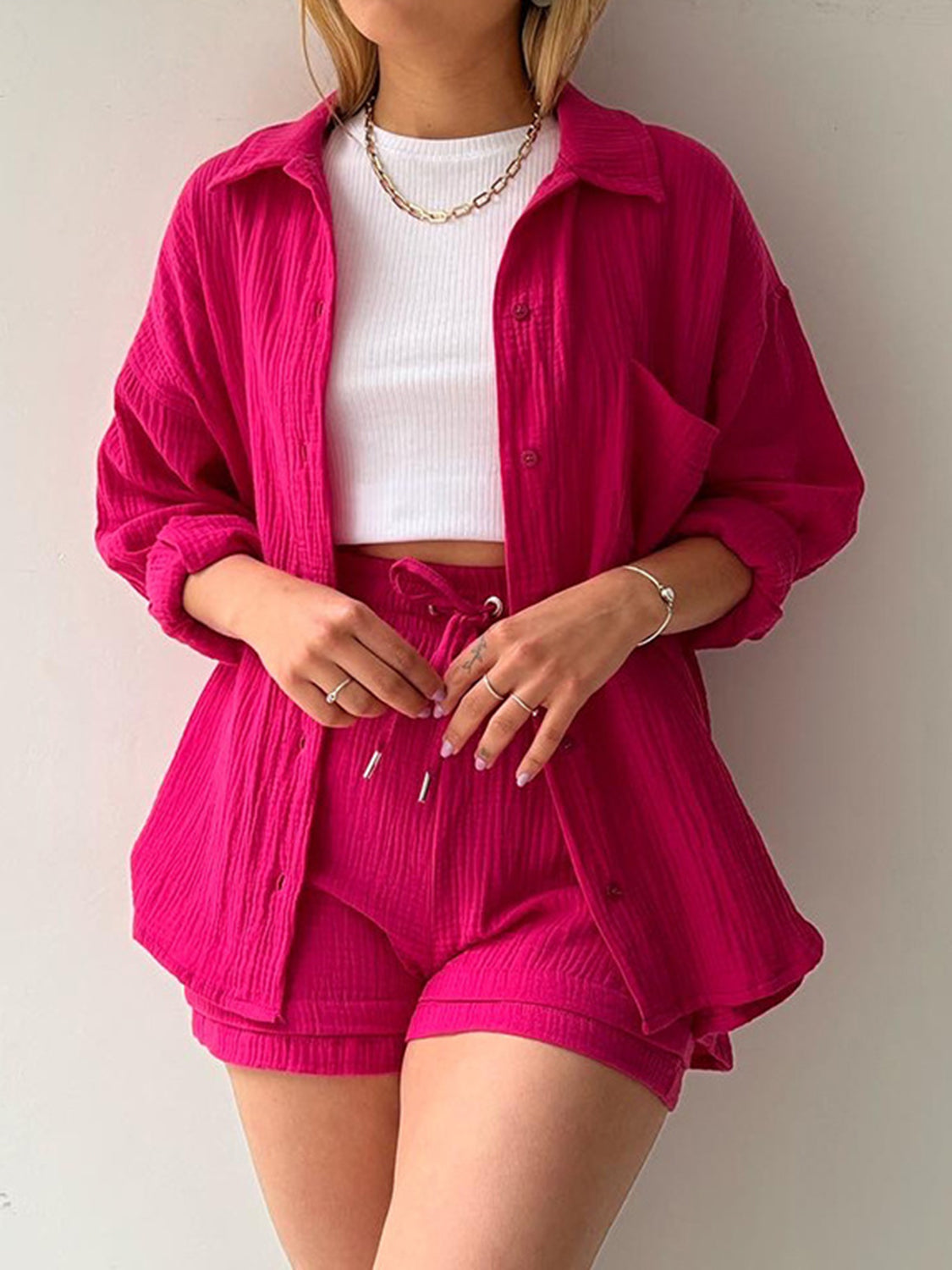 Texture Button Up Shirt and Drawstring Shorts Set - Viarous