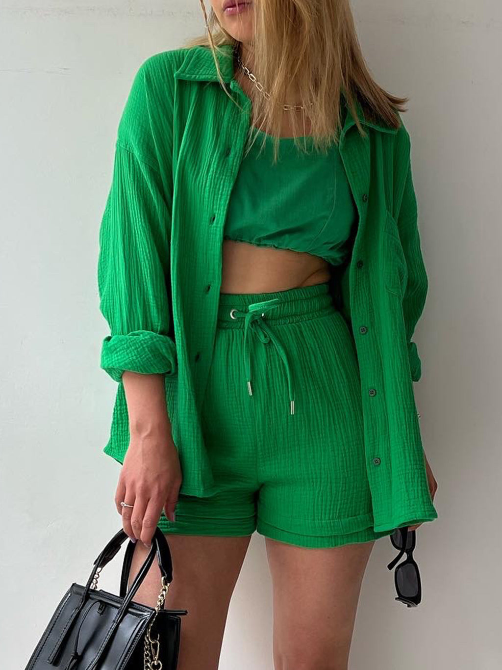 Texture Button Up Shirt and Drawstring Shorts Set - Viarous
