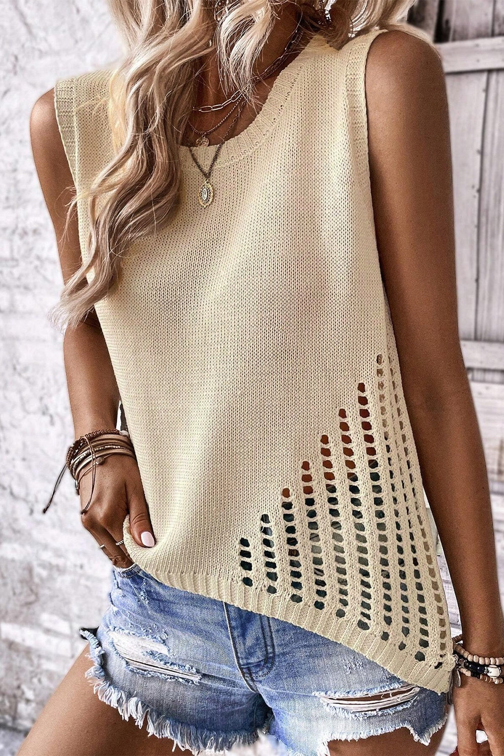 Openwork Round Neck Knit Vest - Viarous