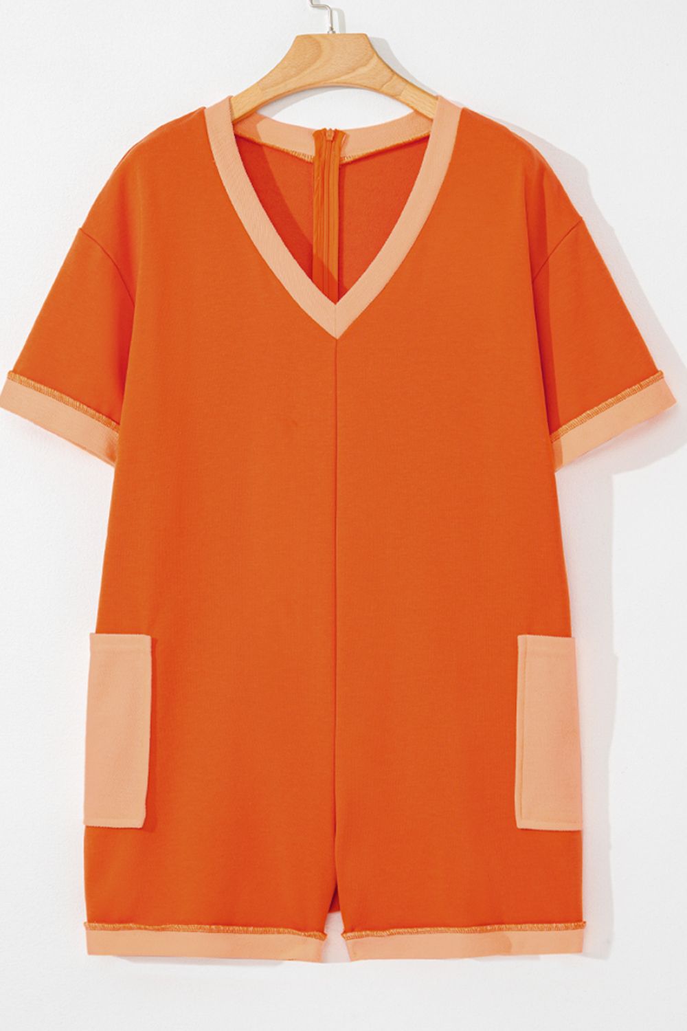 Two-Tone Short Sleeve V Neck Patched Pocket Romper - Viarous
