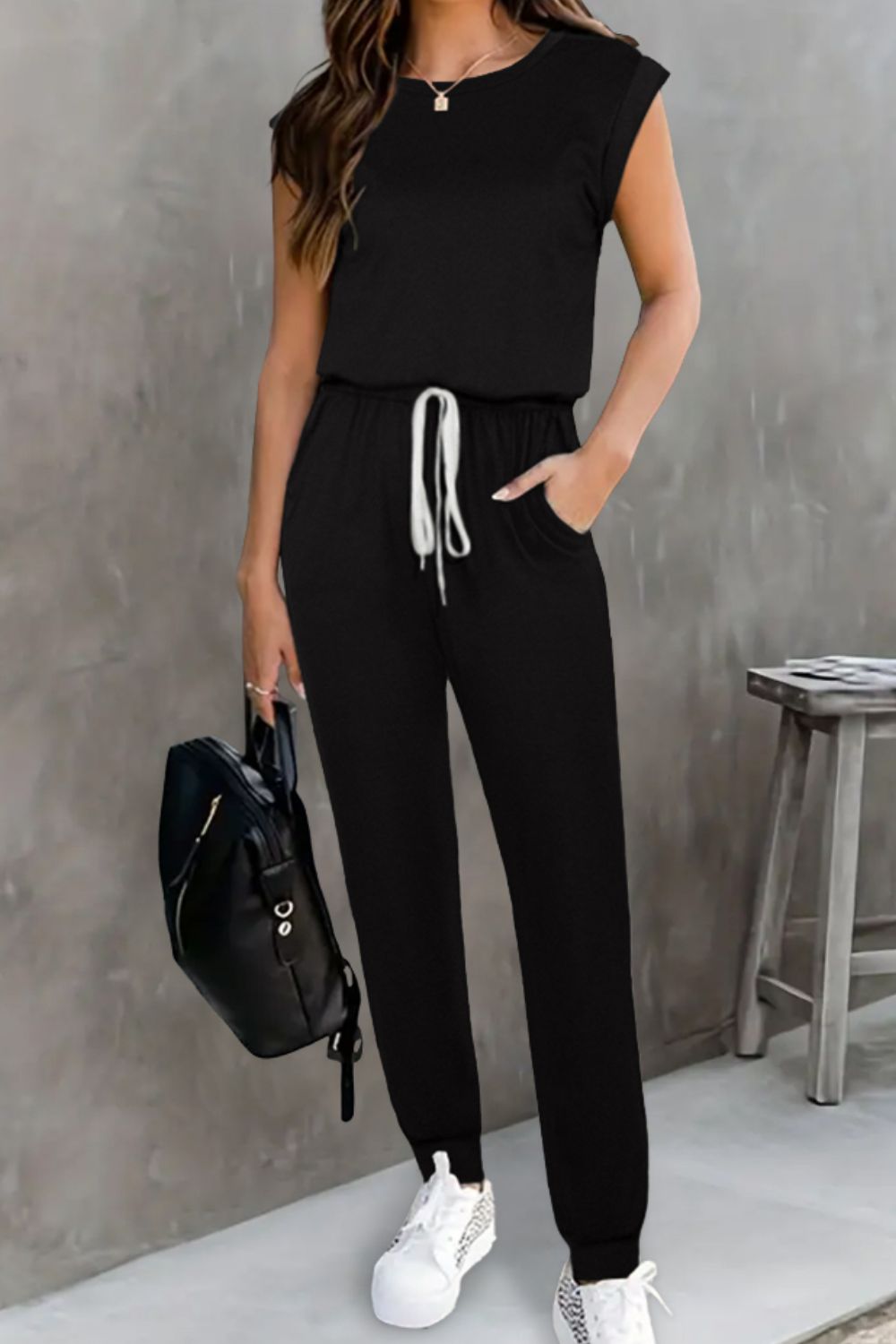 Drawstring Round Neck Sleeveless Jumpsuit - Viarous
