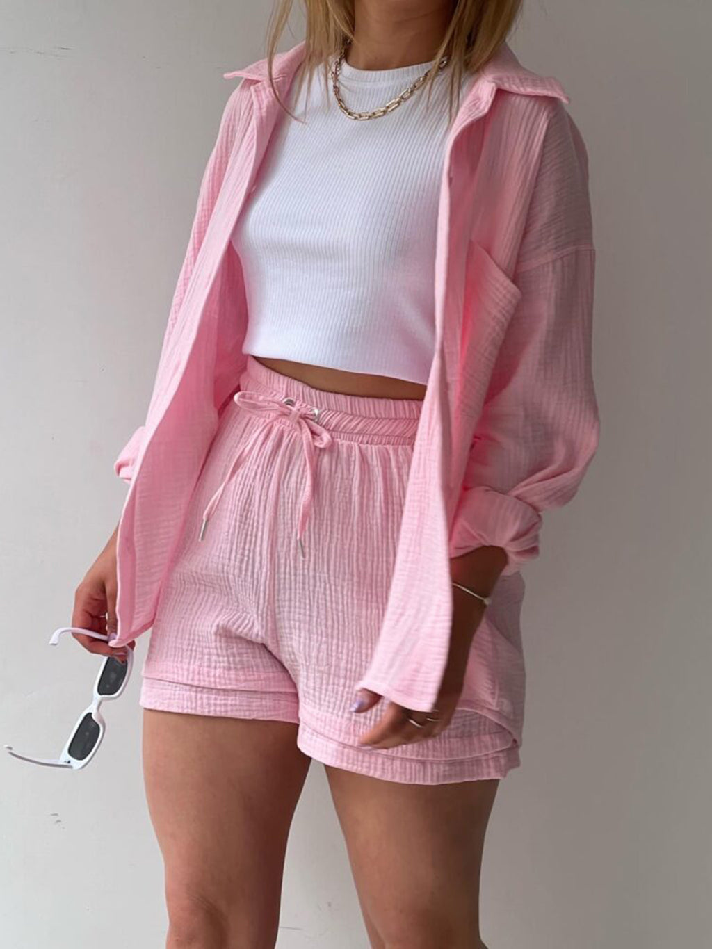 Texture Button Up Shirt and Drawstring Shorts Set - Viarous
