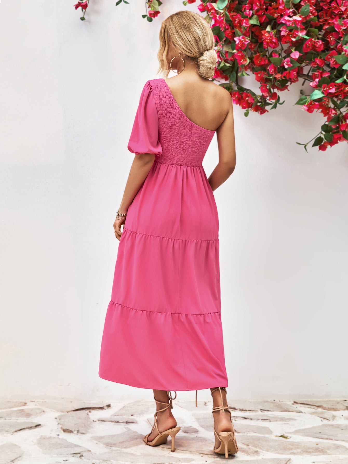 Smocked One-Shoulder Midi Dress - Viarous