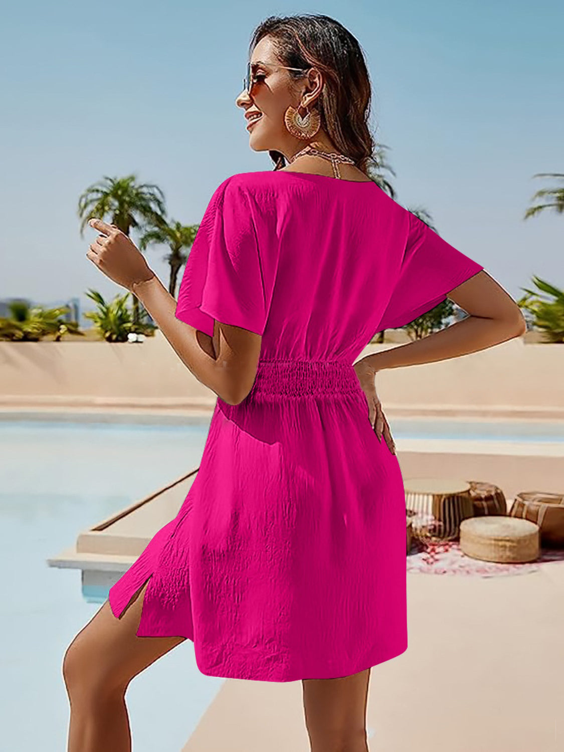 Smocked V-Neck Short Sleeve Dress - Viarous
