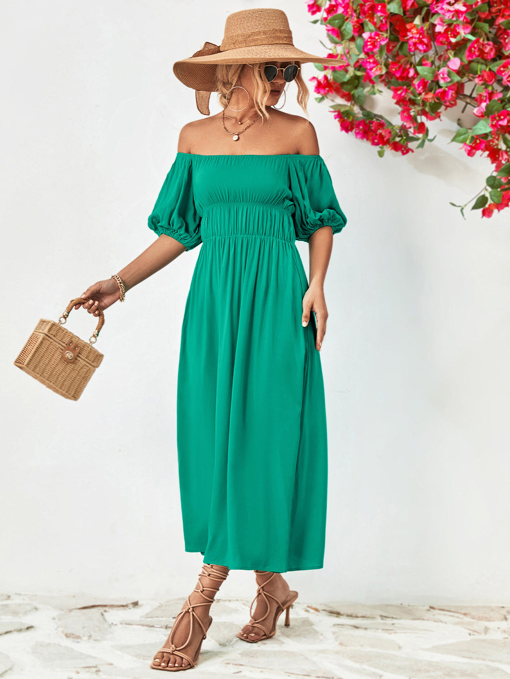 Off-Shoulder Balloon Sleeve Midi Dress - Viarous