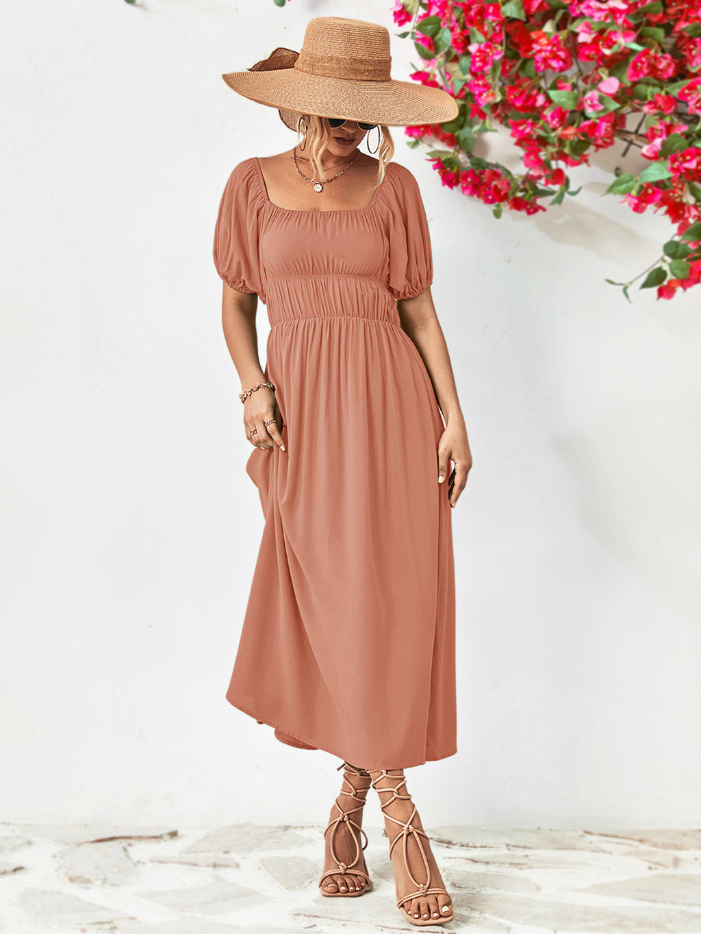 Off-Shoulder Balloon Sleeve Midi Dress - Viarous