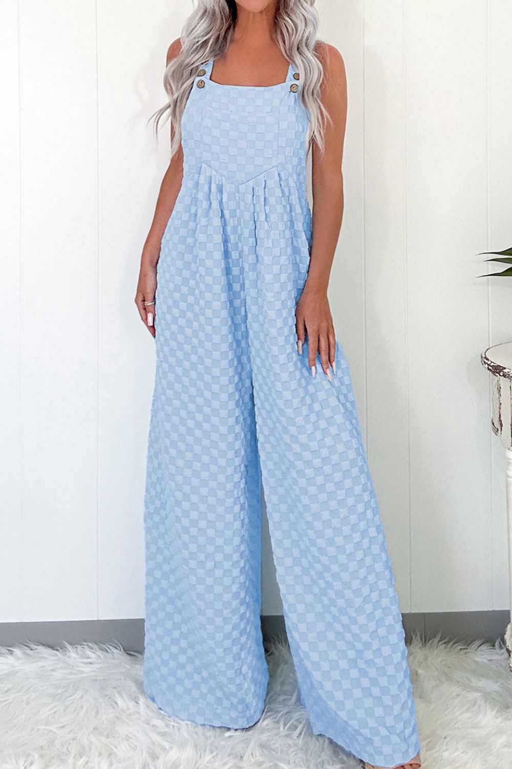 Checkered Pocketed Wide Leg Overalls - Viarous