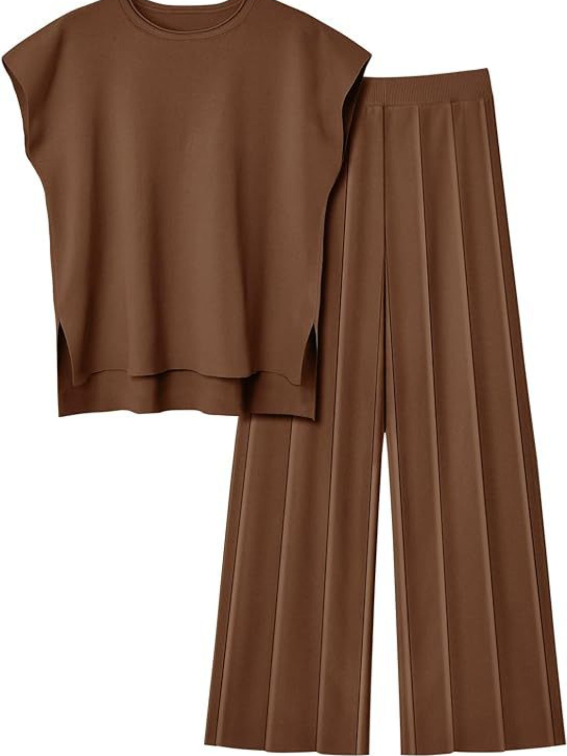 Round Neck Cap Sleeve Top and Pants Knit Set - Viarous