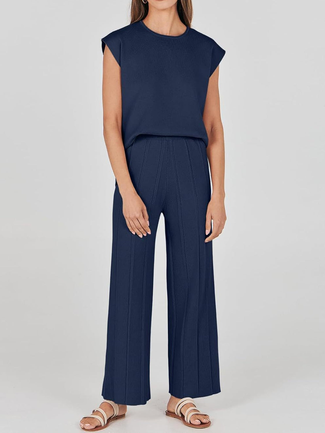 Round Neck Cap Sleeve Top and Pants Knit Set - Viarous