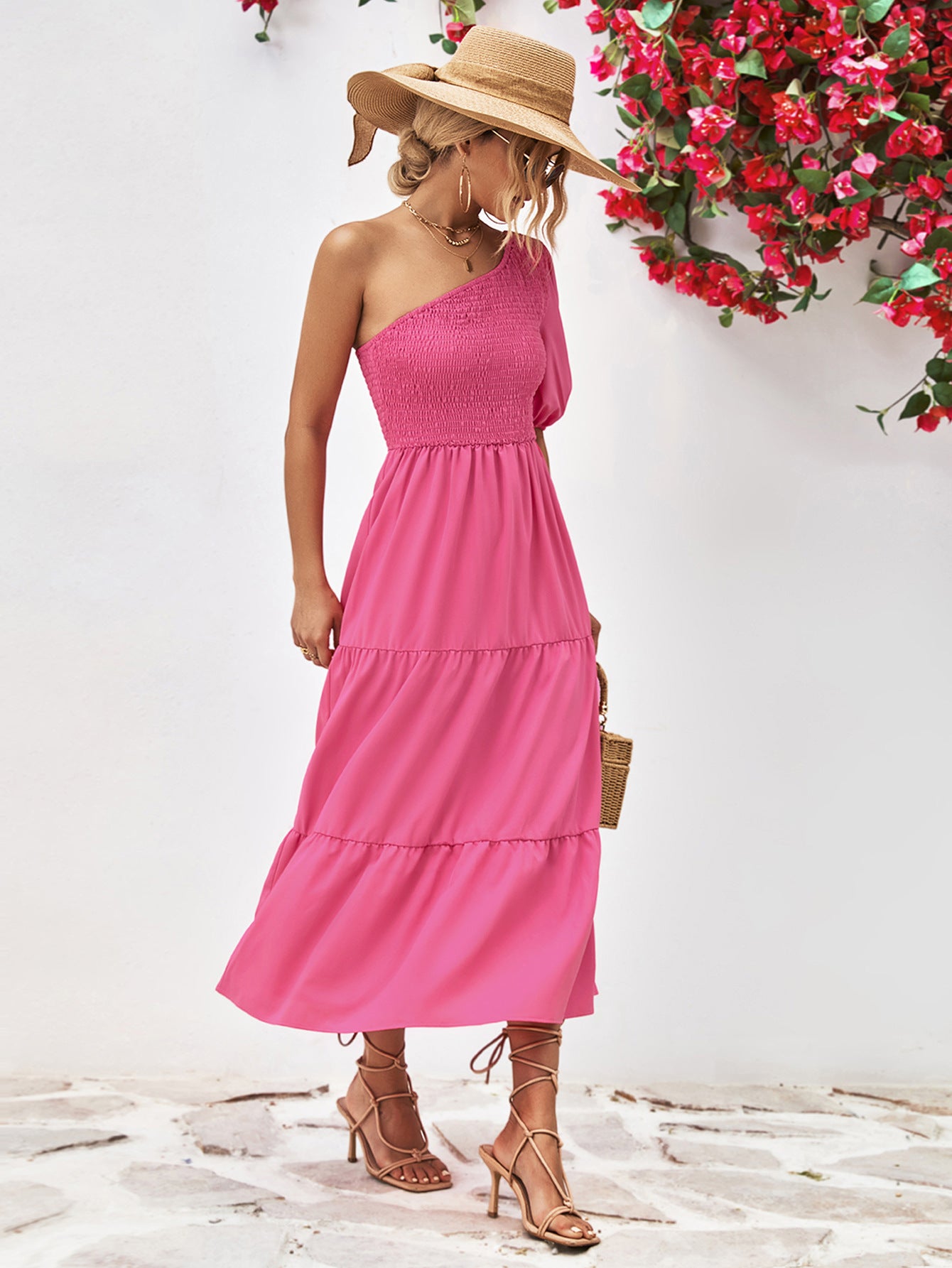 Smocked One-Shoulder Midi Dress - Viarous