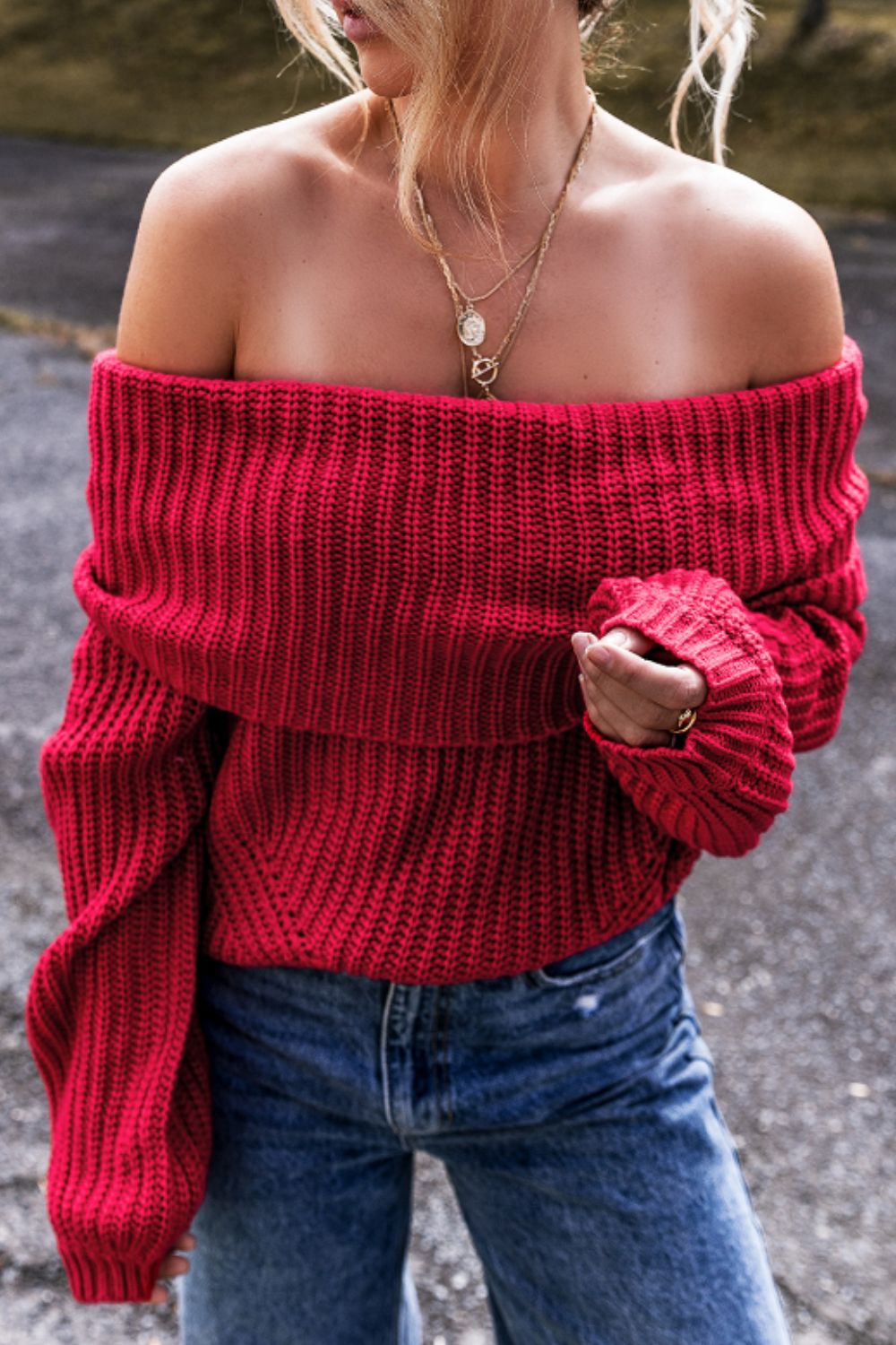 Off-Shoulder Long Sleeve Sweater - Viarous