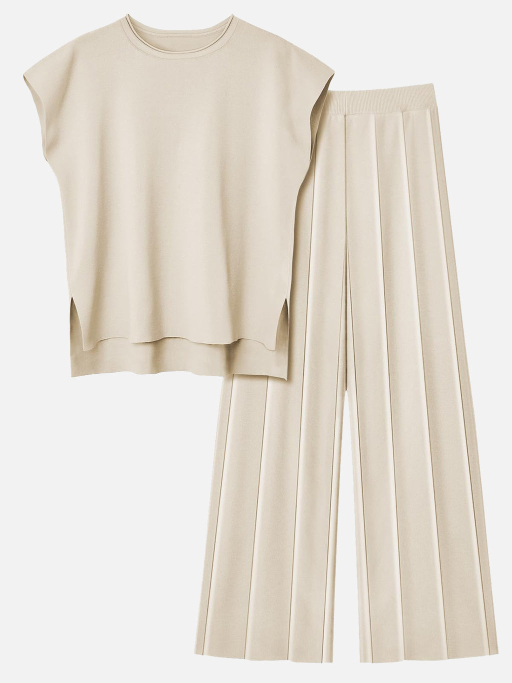 Round Neck Cap Sleeve Top and Pants Knit Set - Viarous
