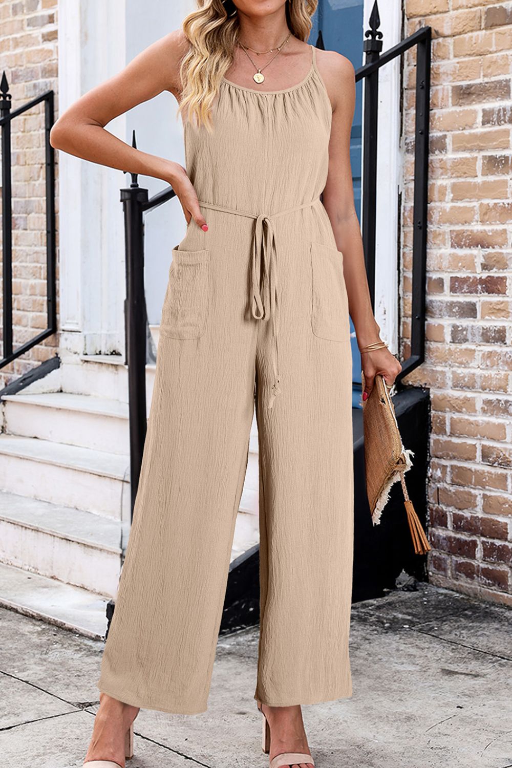 Spaghetti Strap Waist Tie Wide Leg Jumpsuit with Pockets - Viarous