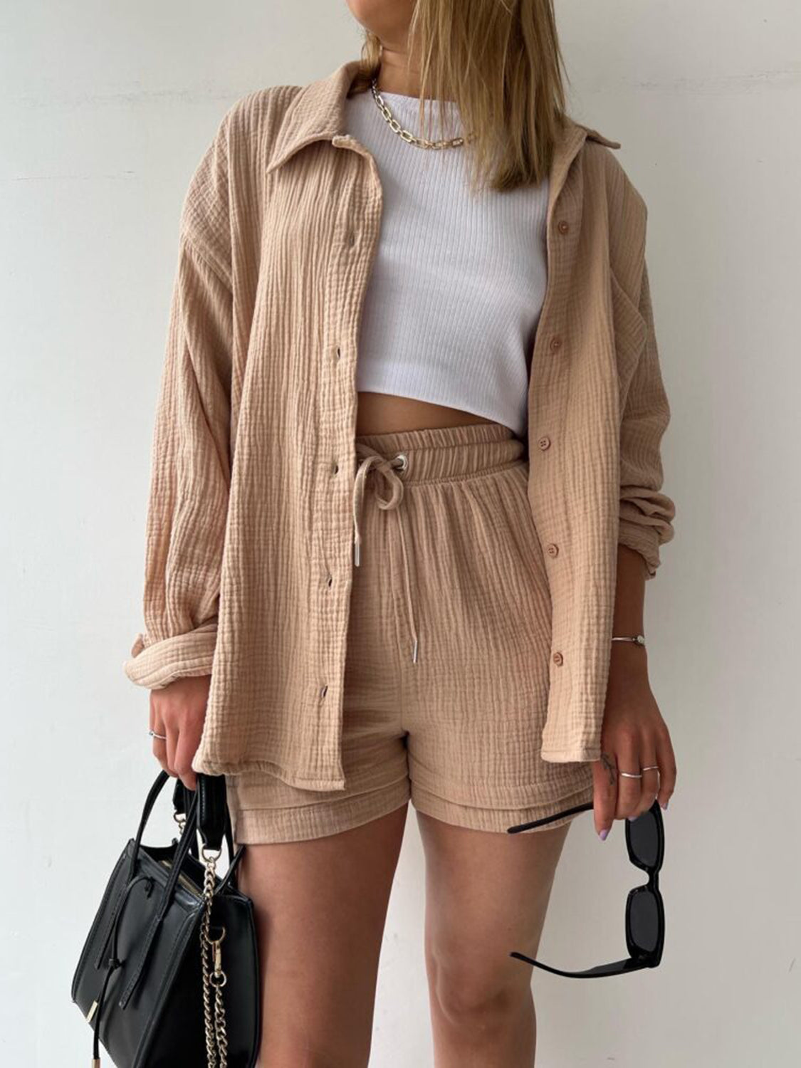 Texture Button Up Shirt and Drawstring Shorts Set - Viarous