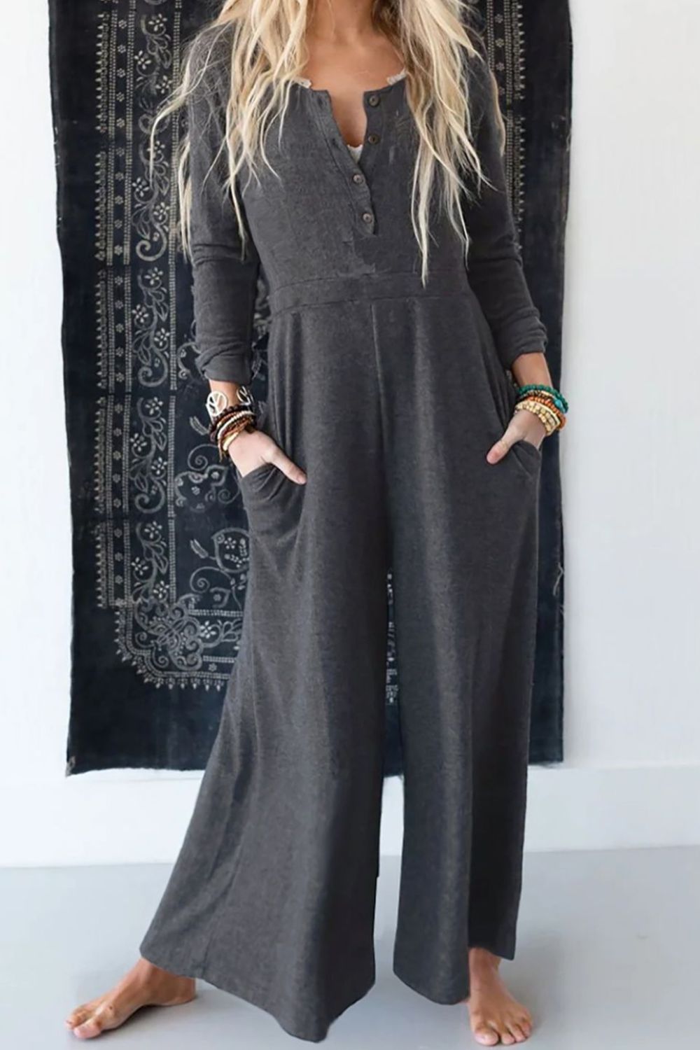 Pocketed Long Sleeve Wide Leg Jumpsuit - Viarous